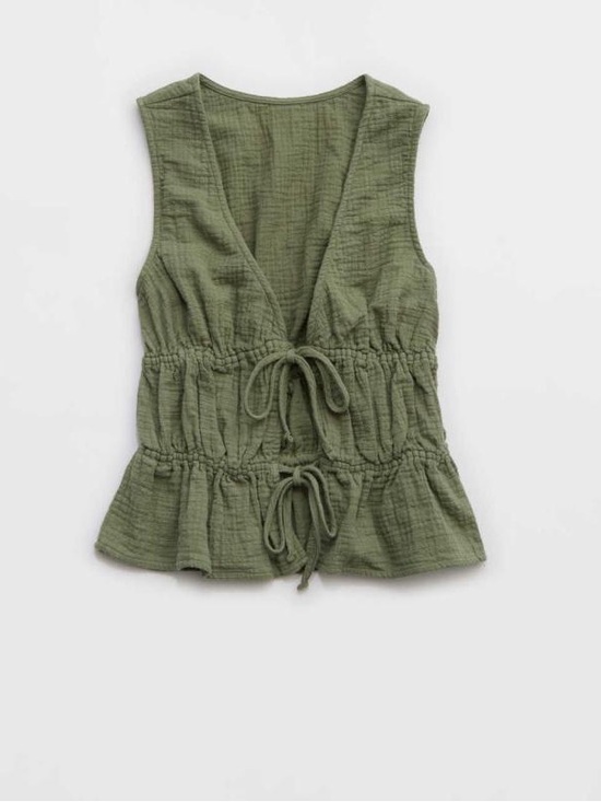 aerie Tops - Aerie Sleeveless Drawstring Tank Top Gauze Cotton Cottagecore Olive Green Medium